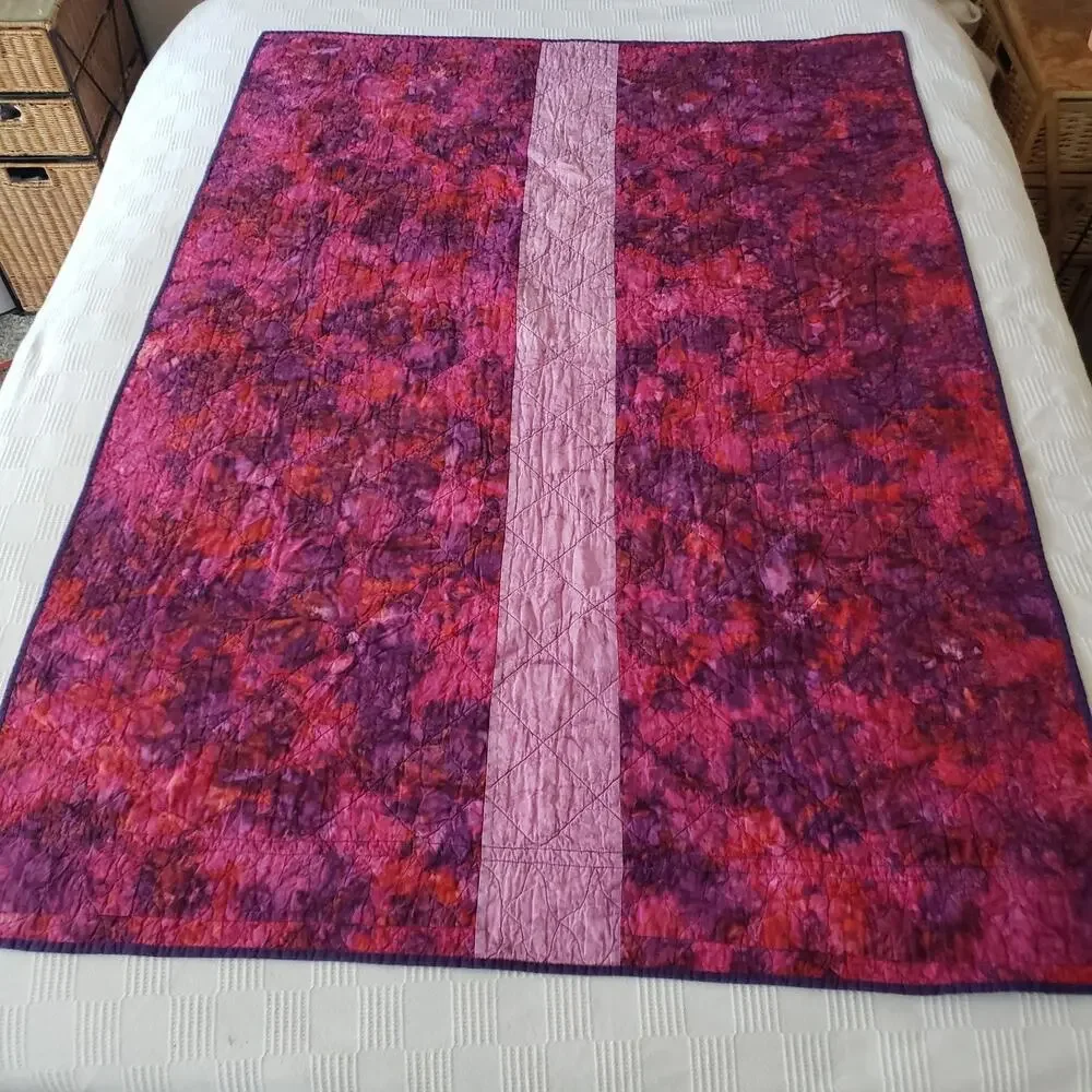 Handmade Batik Lap Throw Quilt Purple Pink Reversible Modern Patchwork 46